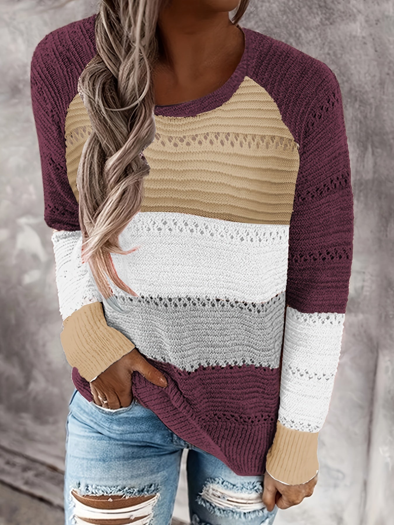 Women's Casual Striped Color-Block Pullover Sweater - Semi-Sheer Round Neck Spring/Fall Top with Green/White/Gray Stripes, Hand Wash or Dry Clean, Cute Sweaters