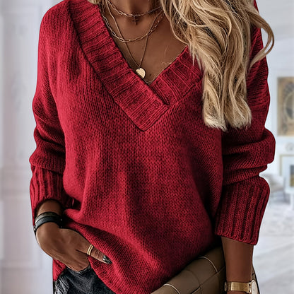 Womens Loose Sweaters Sexy V Neck Long Sleeve Solid Knitted Jumper Pullover Sweatshirt Tops
