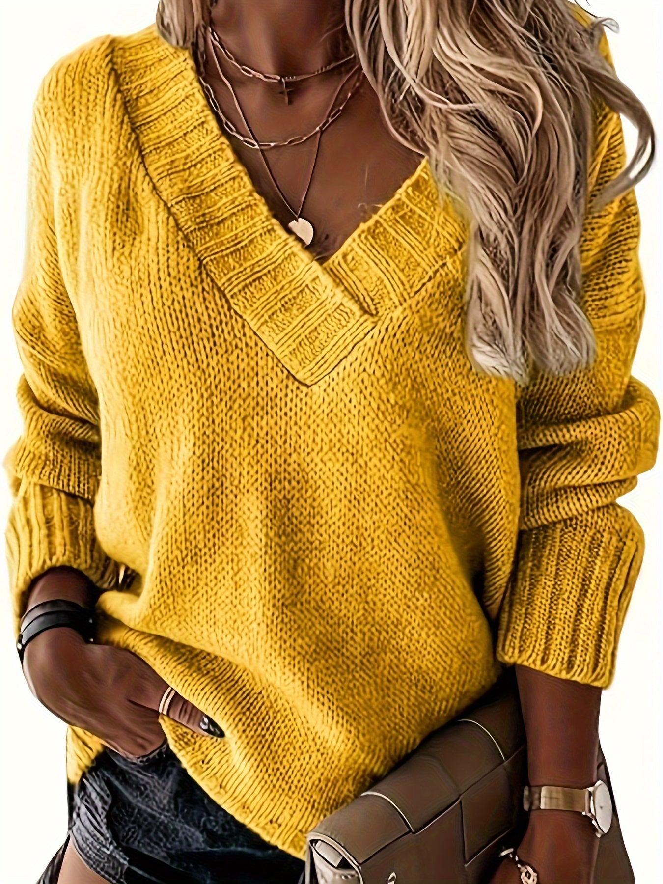 Womens Loose Sweaters - Sexy V Neck Long Sleeve Solid Knitted Jumper Pullover Sweatshirt Tops - Soft & Comfortable Knitted Fabric - For Casual & Chic Outfits - Perfect Gift for Women