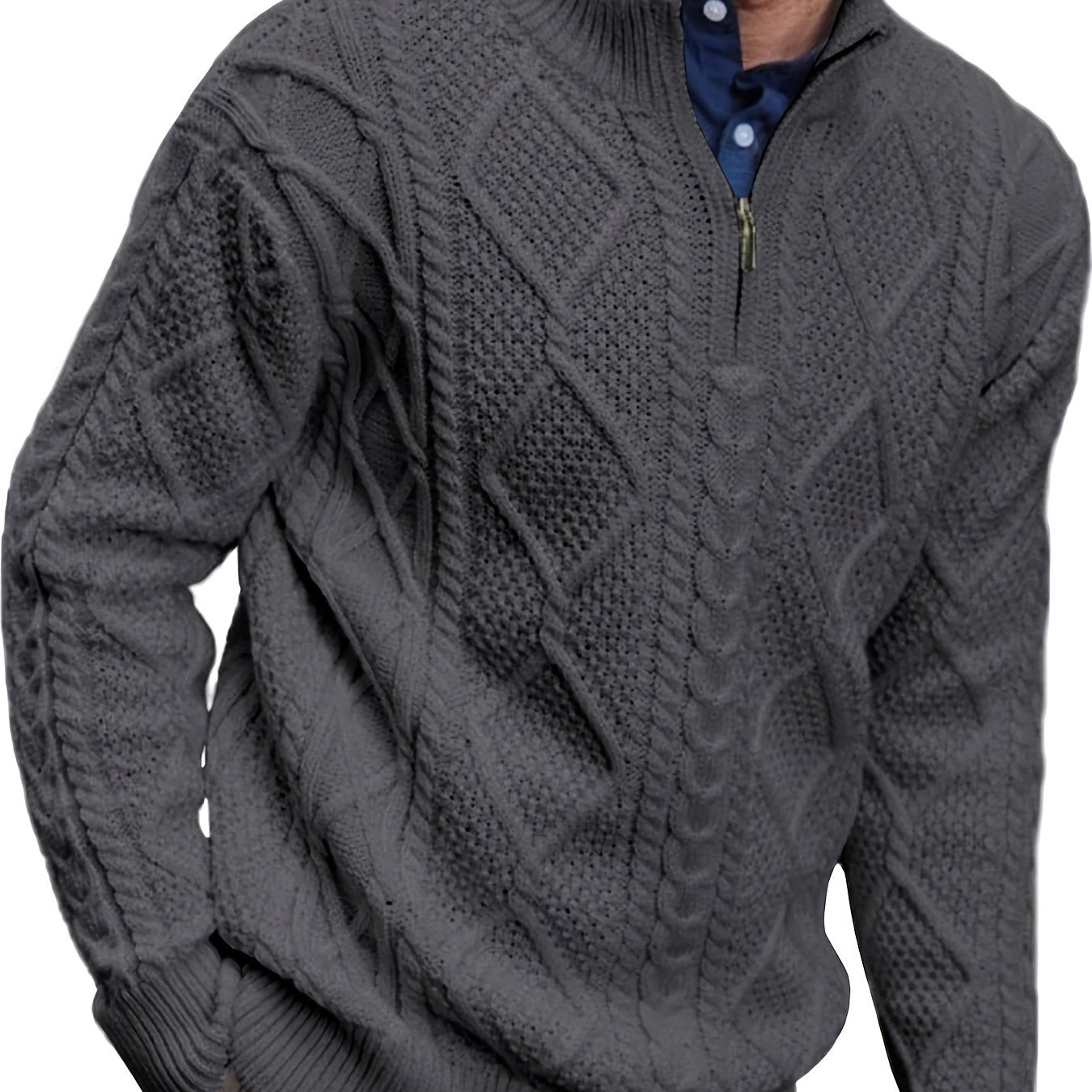 Runcati Mens Quarter-Zip Sweater Cable Knitted Stand Collar Pullover Soft Casual Thermal Twisted Knitwear Sweaters