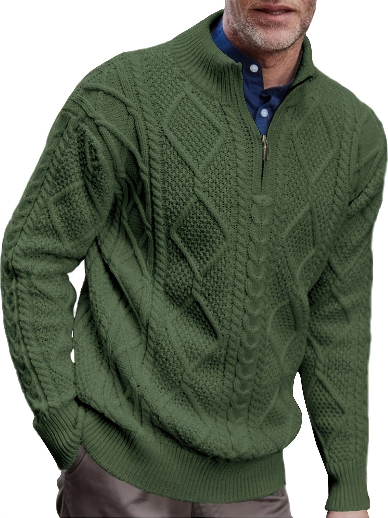 Runcati Mens Quarter-Zip Sweater Cable Knitted Stand Collar Pullover Soft Casual Thermal Twisted Knitwear Sweaters