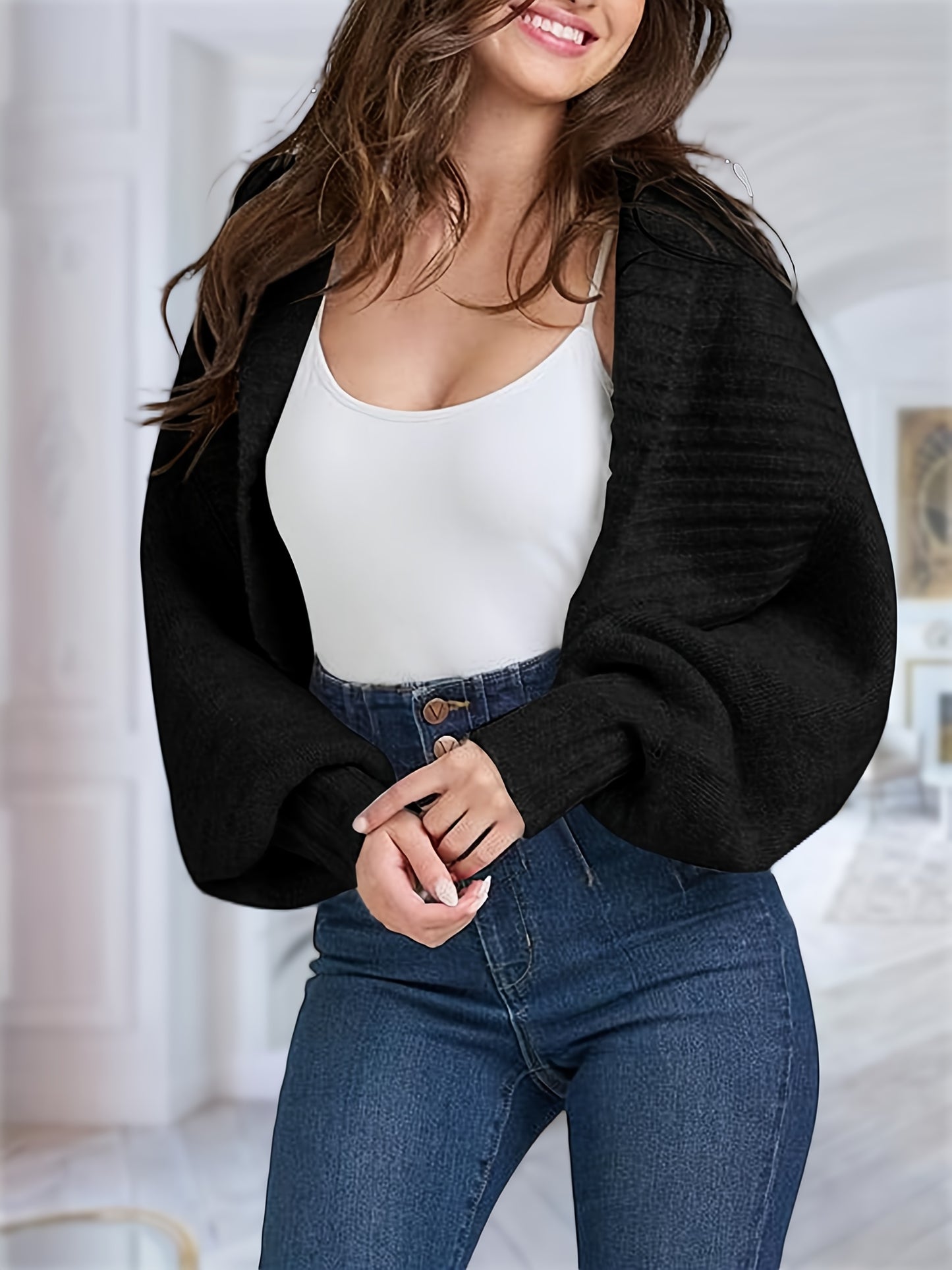 Womens Crop Long Lantern Sleeve Cardigan Sweaters Fashion Lapel Short Bolero Shrugs Casual Open Front Knit Top