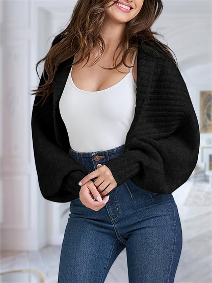 Womens Crop Long Lantern Sleeve Cardigan Sweaters Fashion Lapel Short Bolero Shrugs Casual Open Front Knit Top