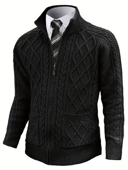 Men's Cardigan Sweaters Full Zip Up Sweater Solid Color Cable Knit Zipper Sweater Men Jackets