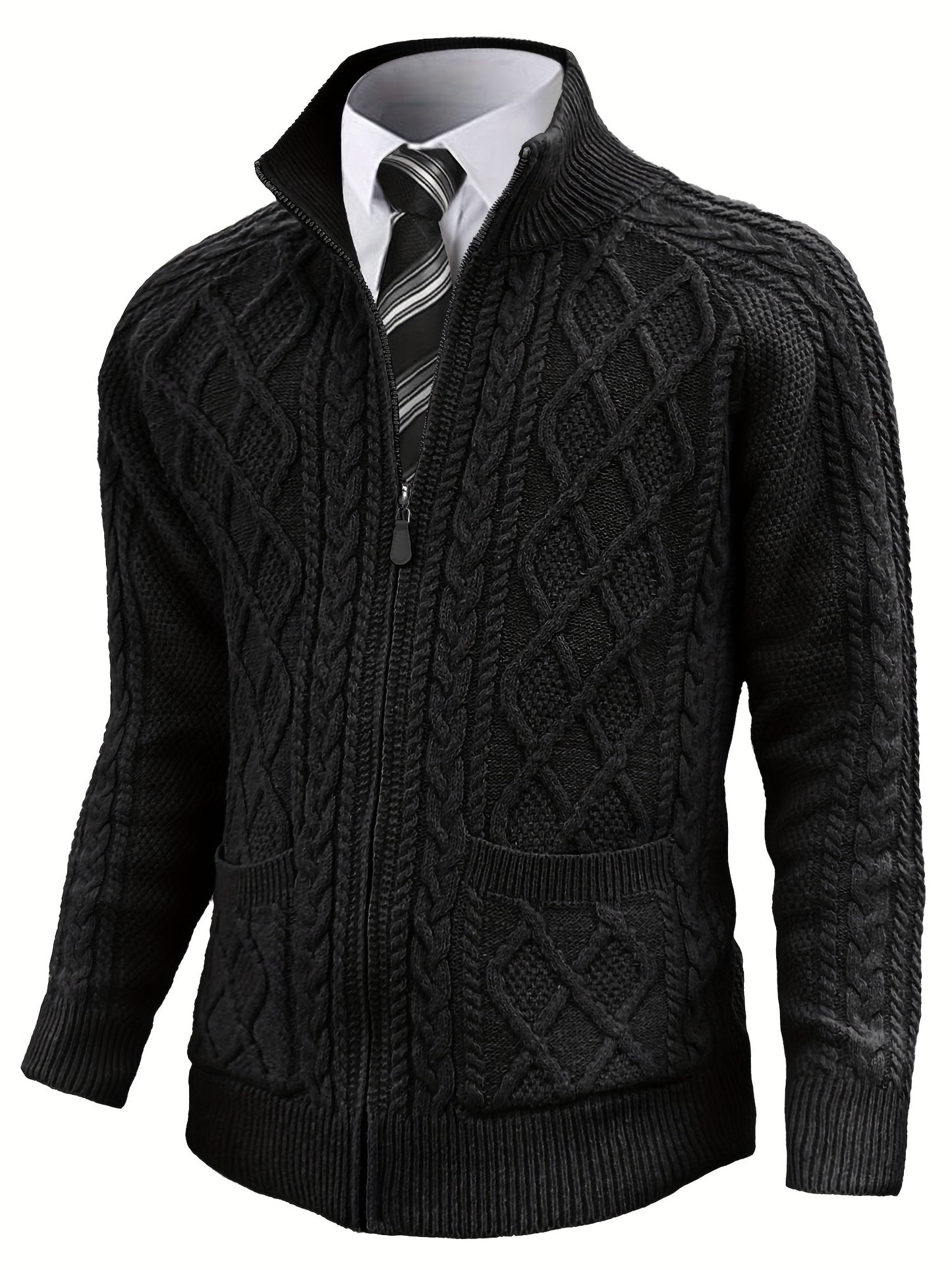 Men's Cardigan Sweaters Full Zip Up Sweater Solid Color Cable Knit Zipper Sweater Men Jackets