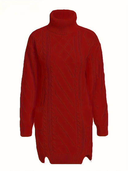 JNQualytrix Women's Elegant Sweater Dress - High Neck Long Sleeve with Double Pockets, Vibrant Red, Cozy Fall Winter Outfit, Chic Casual to Semi-Formal Wear, Ladies Sweaters, Casual to Formal Attire, Sophisticated Style, Comf