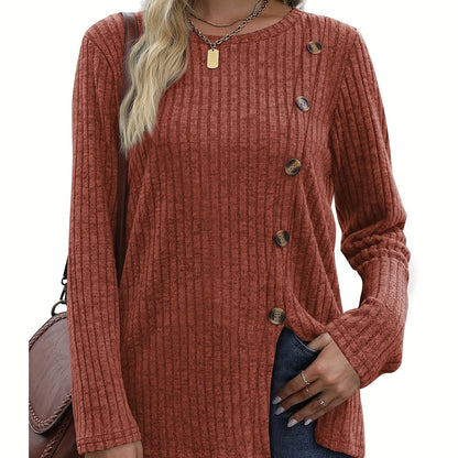 Women's Long Sleeve Crew Neck Tunic Tops Buttons Side Pullover Sweaters Fall Winter