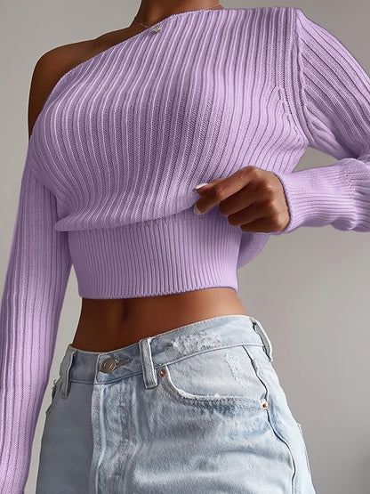 Solid Color Women's Sexy Off-Shoulder Ribbed Sweater - Long Sleeve Cropped Pullover with Medium Stretch, Casual Chic Top for Spring & Fall, Cute Sweaters, Elegant Layering Piece, Breezy Knitwear, Comfortable Fit