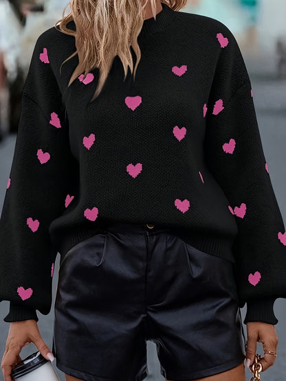 Visually Black Knit Sweater with Pink Heart Pattern - Round Neck, Long Sleeve Pullover for Women, Soft Viscose Blend, Perfect for Casual or Chic Outfits, Allseason Fashion | Stylish Knitwear | Nylon Viscose Polyester, Cute Sw