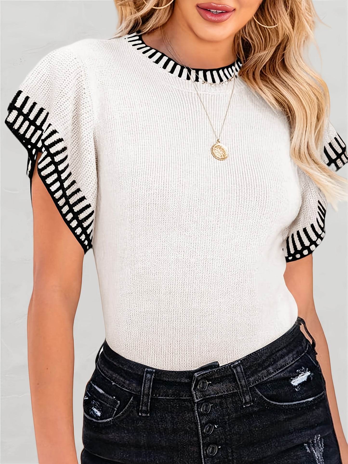 Womens Short Sleeve Sweaters Tops Summer Ruffle Striped Loose Crew Neck Lightweight Soft Shirts Knit Sweater