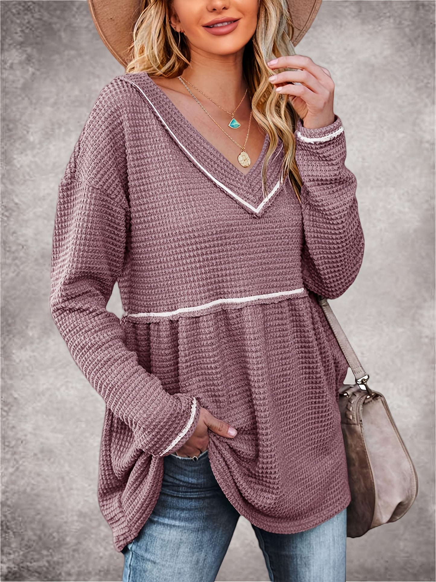 Womens V Neck Waffle Tunic Top Long Sleeve Peplum Pullover Babydoll Casual Flowy Swing Tshirts Pullover Sweaters