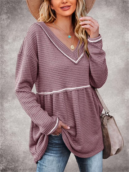 Womens V Neck Waffle Tunic Top Long Sleeve Peplum Pullover Babydoll Casual Flowy Swing Tshirts Pullover Sweaters