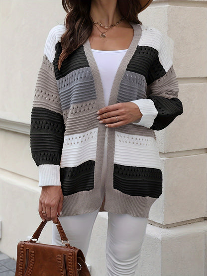 Casual Autumn Wear| Women's Plus Size Color Block Open Front Cardigan - Casual V-Neck, Eyelet Detail, Long Sleeve, Knit Sweater - Machine Washable, Polyester - Ideal for Fall/Winter, Fall Sweaters