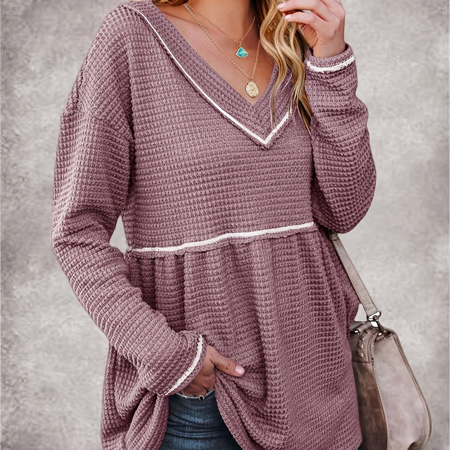 Womens V Neck Waffle Tunic Top Long Sleeve Peplum Pullover Babydoll Casual Flowy Swing Tshirts Pullover Sweaters