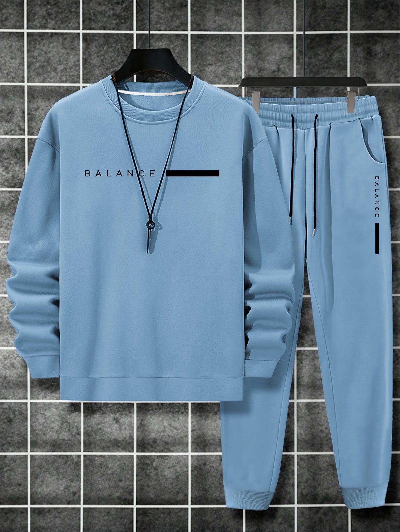 2-Piece Mens Balance Graphic Print Sweatshirt & Sweatpants Set - Sweatsuits with Loose Crew Neck, Drawstring Waist, Long Sleeve, and Outdoor Comfort