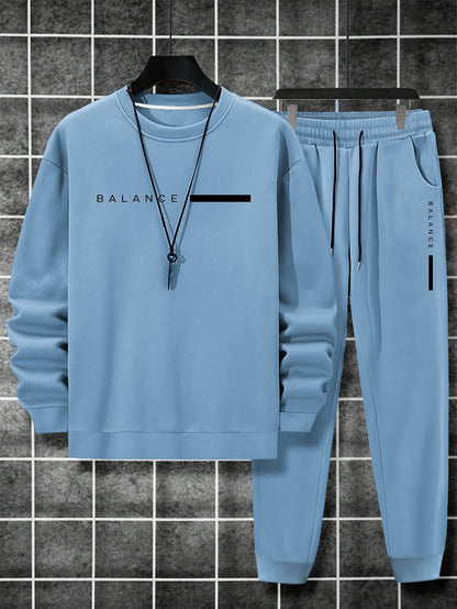 2-Piece Mens Balance Graphic Print Sweatshirt & Sweatpants Set - Sweatsuits with Loose Crew Neck, Drawstring Waist, Long Sleeve, and Outdoor Comfort