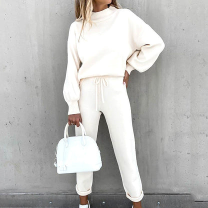 2025 Autumn and Winter Women's Sweater High Collar Casual Pure Color Trousers Two-piece Set