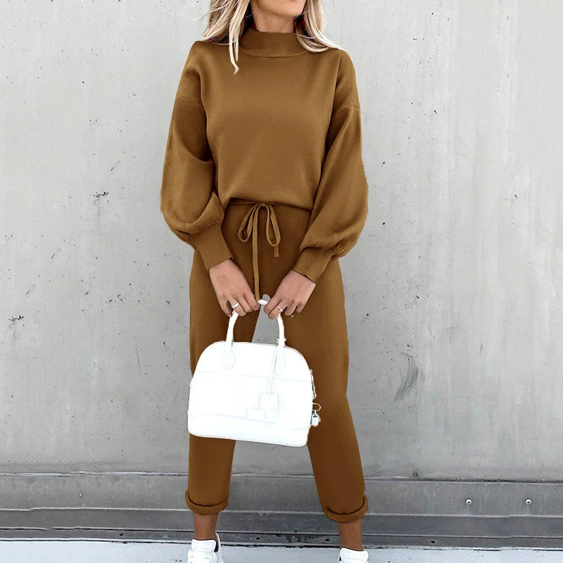 2025 Autumn and Winter Women's Sweater High Collar Casual Pure Color Trousers Two-piece Set