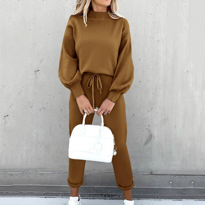 2025 Autumn and Winter Women's Sweater High Collar Casual Pure Color Trousers Two-piece Set