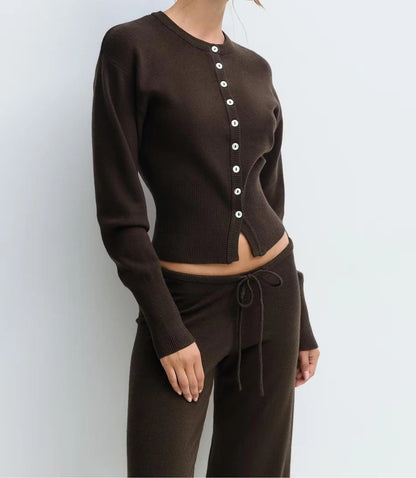 Korean Style Lazy Style Knit Sweater Suit Autumn And Winter New Zipper Loose Knitted Wide-Leg Pants Two-Piece Set For Women