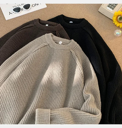 Sweaters Trend 2025 Mans Autumn Winter Solid Color Splicing Loose O Neck Oversize Pullover New Man Motion Clothes
