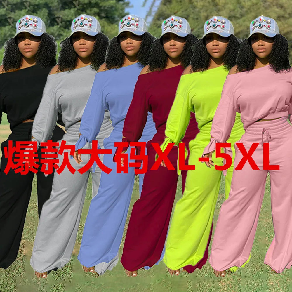 New Fashion Design Casual Ladies Europe Sexy Casual Fashion Large Size Solid Color Round Neck 2-piece Set Tracksuits