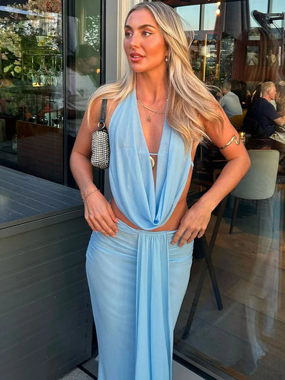 Nibber Vacation See Through Women 2 Piece Set Y2K Halter Swing Collar Seashell Tank Tops+Ruched Waist Skirts Midnight Clubwear