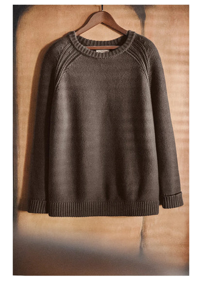 Maden New Vintage Heavyweight Knitted Crew-neck Sweater Brown Warm Pullover Men's Versatile Top for Autumn and Winter Knitwear