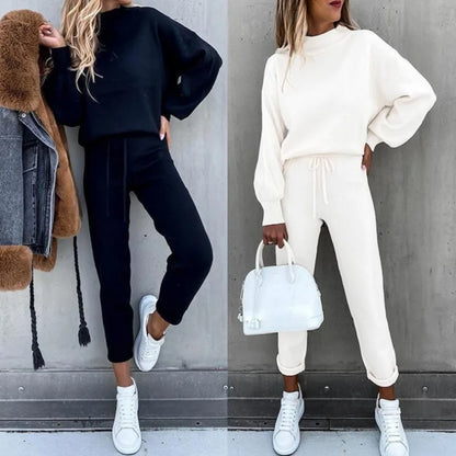 2025 Autumn and Winter Women's Sweater High Collar Casual Pure Color Trousers Two-piece Set