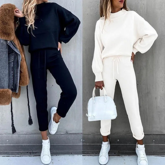 2025 Autumn and Winter Women's Sweater High Collar Casual Pure Color Trousers Two-piece Set