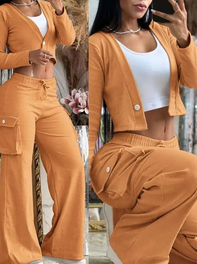 Women's Casual Two Piece Sets Spring Autumn Fashion Cardigan Long Sleeve Short Top Big Pocket Cargo Pants Sets 2024 Outifits
