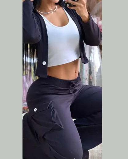Women's Casual Two Piece Sets Spring Autumn Fashion Cardigan Long Sleeve Short Top Big Pocket Cargo Pants Sets 2024 Outifits