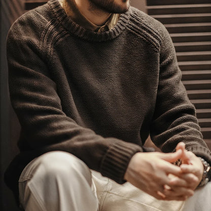 Maden New Vintage Heavyweight Knitted Crew-neck Sweater Brown Warm Pullover Men's Versatile Top for Autumn and Winter Knitwear