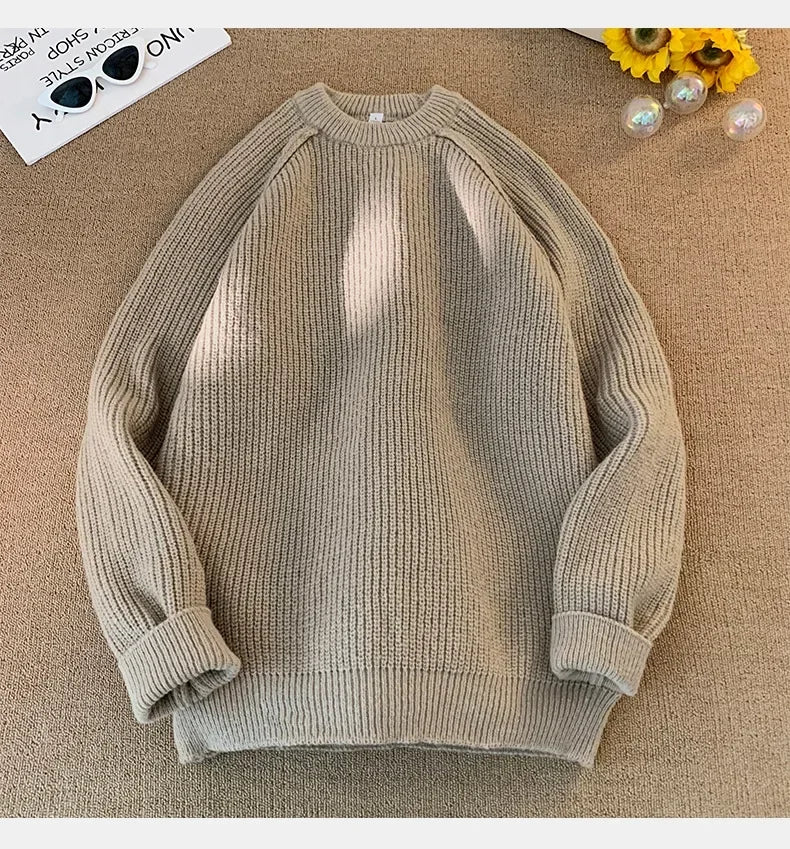 Sweaters Trend 2025 Mans Autumn Winter Solid Color Splicing Loose O Neck Oversize Pullover New Man Motion Clothes