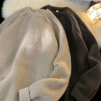 Sweaters Trend 2025 Mans Autumn Winter Solid Color Splicing Loose O Neck Oversize Pullover New Man Motion Clothes