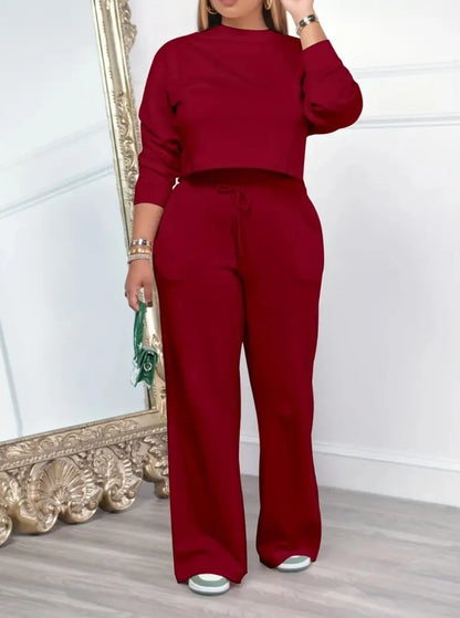 2piece Women's Autumn Hoodie Long Pants Set Fashion Ultra Short Top Elastic Waist Lace-up Wide-leg Long Pants Casual Female Suit