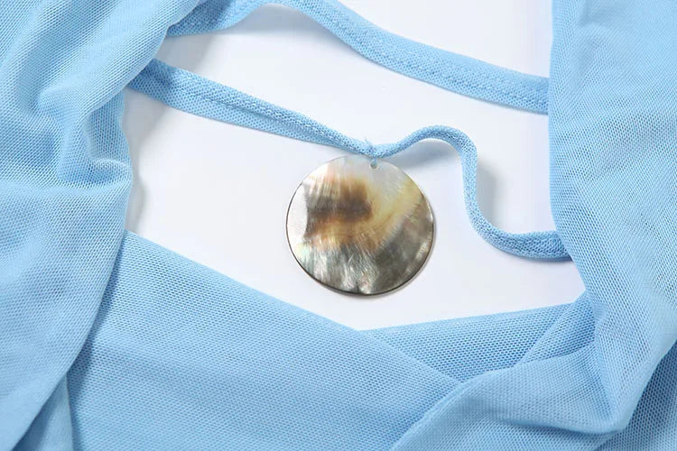 Nibber Vacation See Through Women 2 Piece Set Y2K Halter Swing Collar Seashell Tank Tops+Ruched Waist Skirts Midnight Clubwear