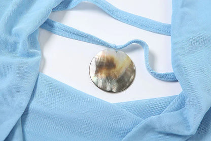 Nibber Vacation See Through Women 2 Piece Set Y2K Halter Swing Collar Seashell Tank Tops+Ruched Waist Skirts Midnight Clubwear