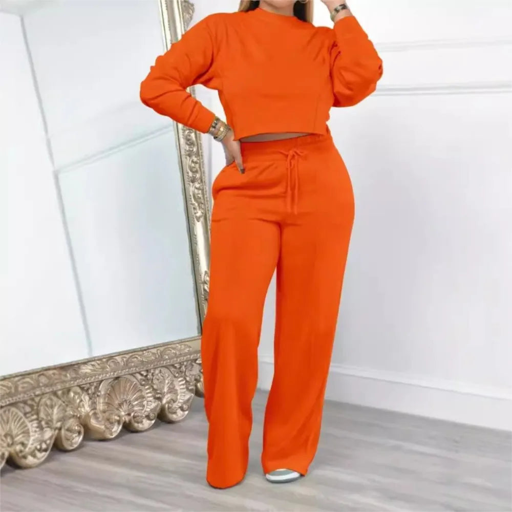 2piece Women's Autumn Hoodie Long Pants Set Fashion Ultra Short Top Elastic Waist Lace-up Wide-leg Long Pants Casual Female Suit