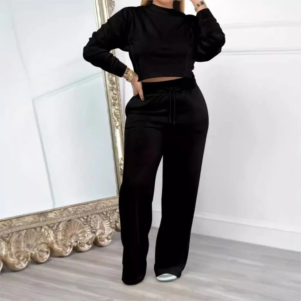 2piece Women's Autumn Hoodie Long Pants Set Fashion Ultra Short Top Elastic Waist Lace-up Wide-leg Long Pants Casual Female Suit