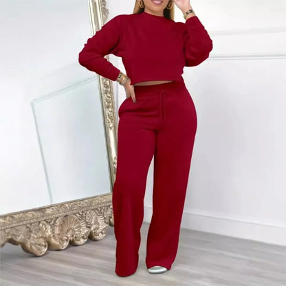 2piece Women's Autumn Hoodie Long Pants Set Fashion Ultra Short Top Elastic Waist Lace-up Wide-leg Long Pants Casual Female Suit