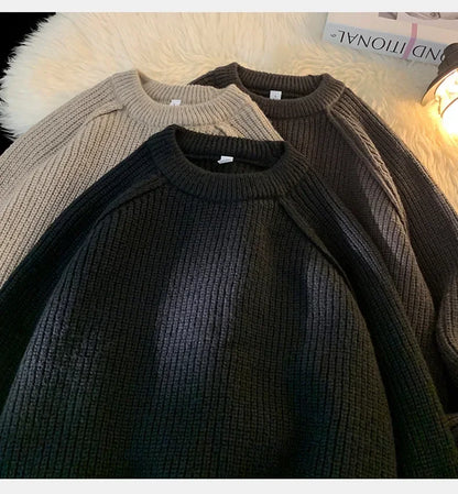 Sweaters Trend 2025 Mans Autumn Winter Solid Color Splicing Loose O Neck Oversize Pullover New Man Motion Clothes