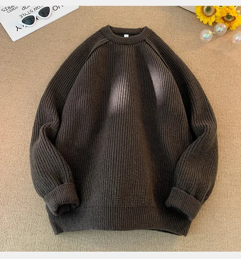 Sweaters Trend 2025 Mans Autumn Winter Solid Color Splicing Loose O Neck Oversize Pullover New Man Motion Clothes