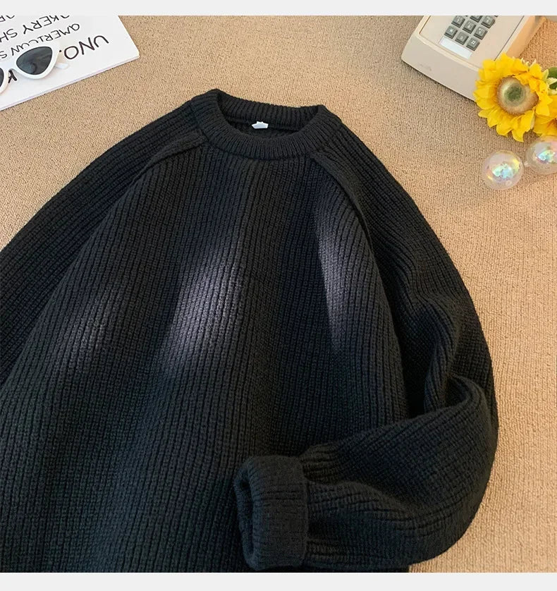 Sweaters Trend 2025 Mans Autumn Winter Solid Color Splicing Loose O Neck Oversize Pullover New Man Motion Clothes