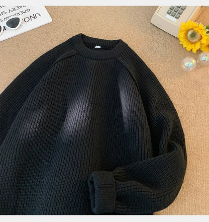 Sweaters Trend 2025 Mans Autumn Winter Solid Color Splicing Loose O Neck Oversize Pullover New Man Motion Clothes