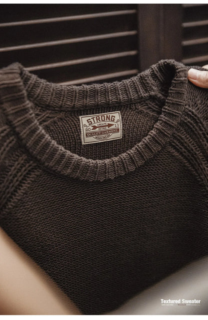 Maden New Vintage Heavyweight Knitted Crew-neck Sweater Brown Warm Pullover Men's Versatile Top for Autumn and Winter Knitwear