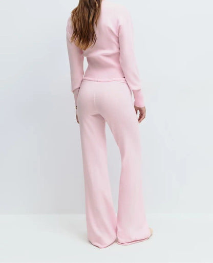 Korean Style Lazy Style Knit Sweater Suit Autumn And Winter New Zipper Loose Knitted Wide-Leg Pants Two-Piece Set For Women