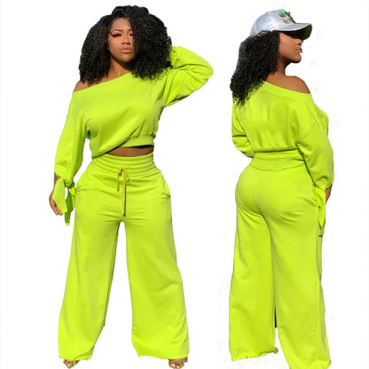 New Fashion Design Casual Ladies Europe Sexy Casual Fashion Large Size Solid Color Round Neck 2-piece Set Tracksuits
