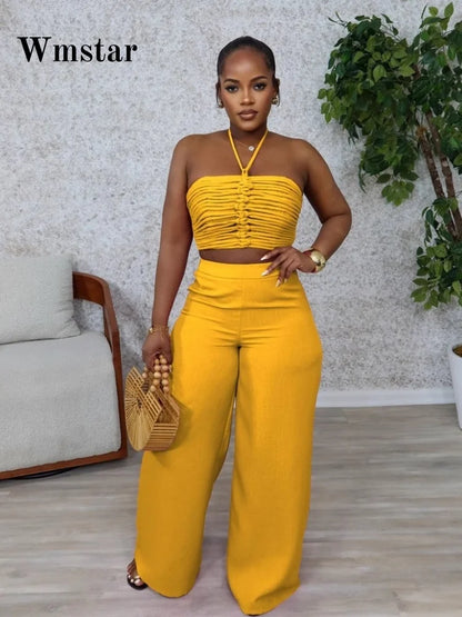 Wmstar Two Piece Outfits Women Pants Sets Wholesale Drawstring Top High Waist Side Zipper Loose Matching Suit Drop Shopping