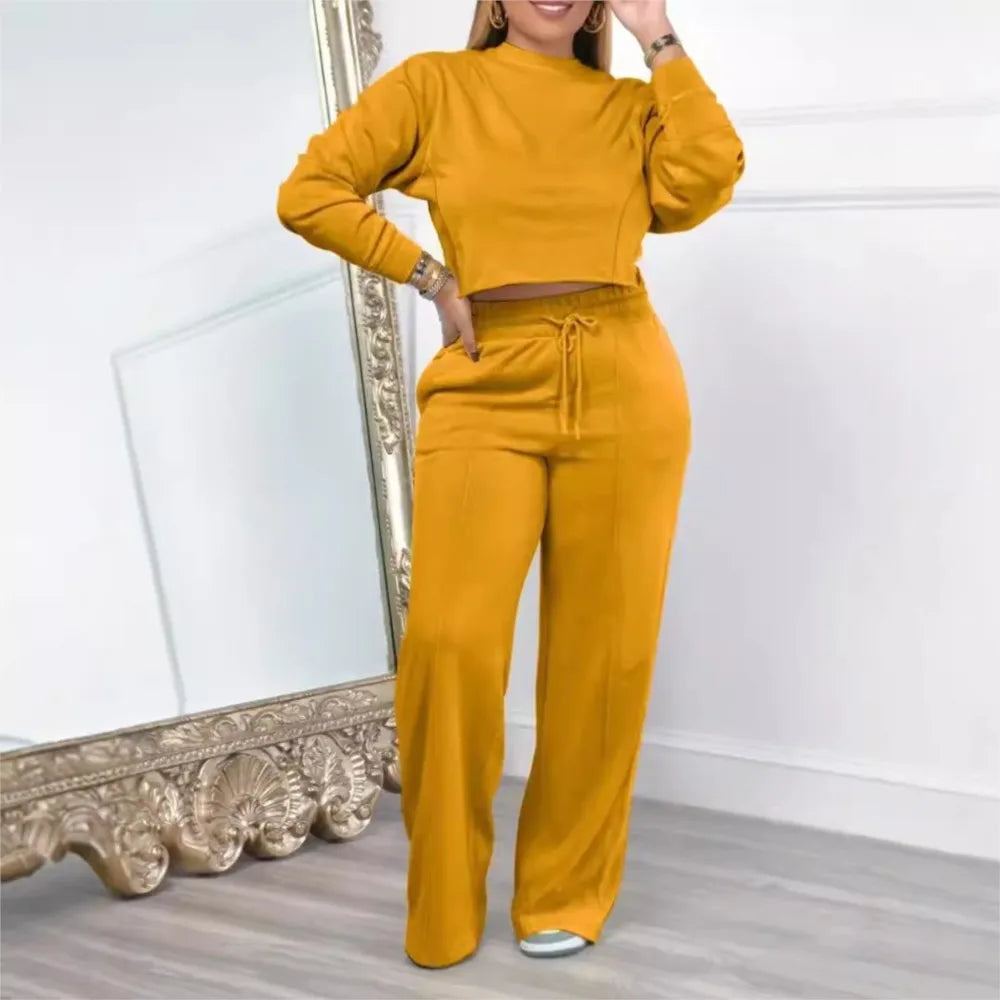 2piece Women's Autumn Hoodie Long Pants Set Fashion Ultra Short Top Elastic Waist Lace-up Wide-leg Long Pants Casual Female Suit